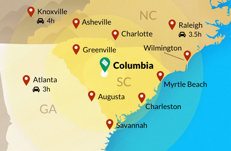A map of South Carolina, Georgia, and North Carolina. The Lexington Health logo is pinned near Columbia, SC. Red pins identify the major cities near Columbia, SC.